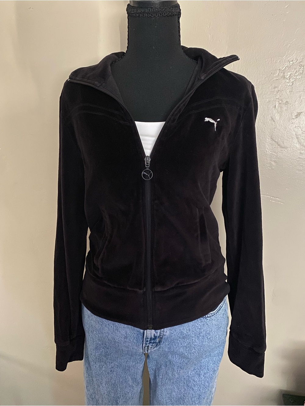Puma Women's Black Velour Full-Zip Bomber Jacket